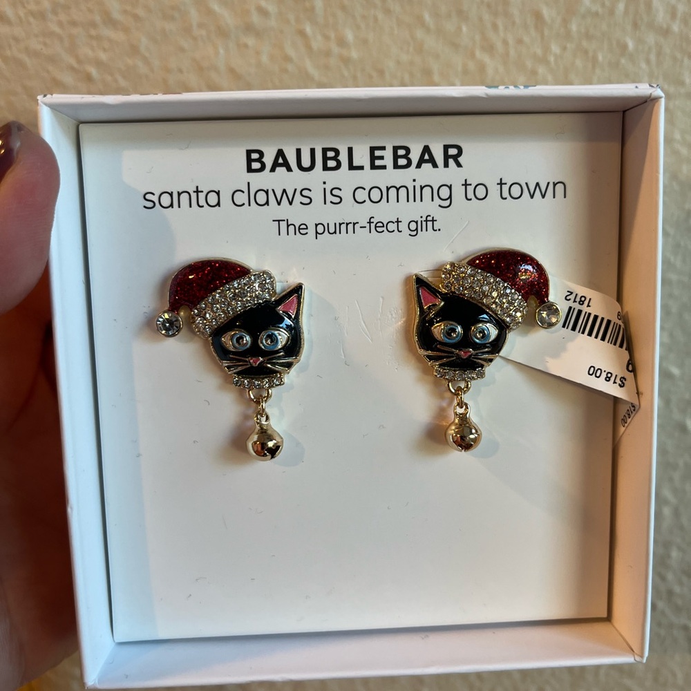 BaubleBar Christmas Cat Earrings with Red Santa Hats and Gold